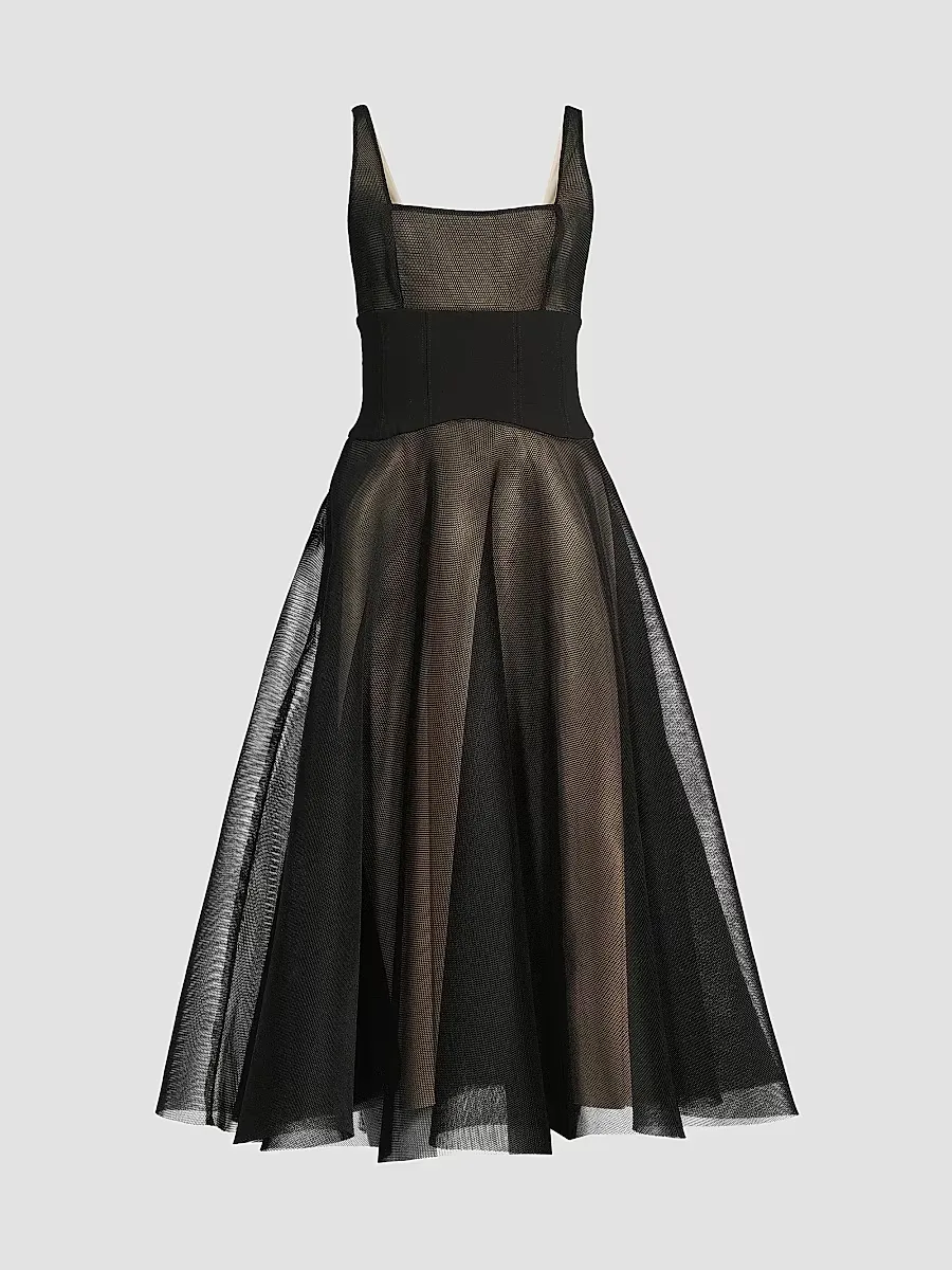 Vivi Mesh Fit & Flare Midi-Dress by Black Halo