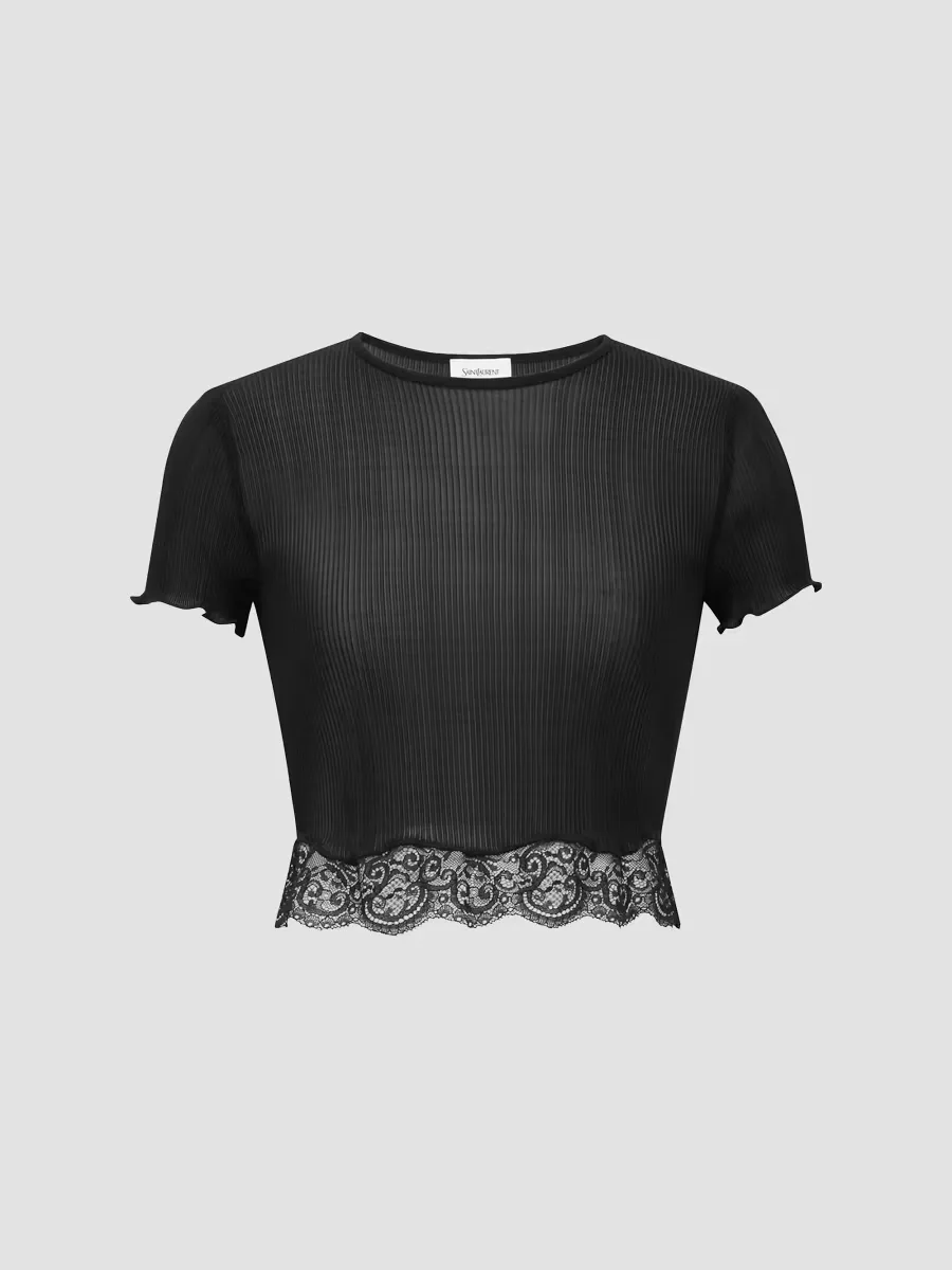 Laced T-Shirt in Ribbed Silk by Saint Laurent