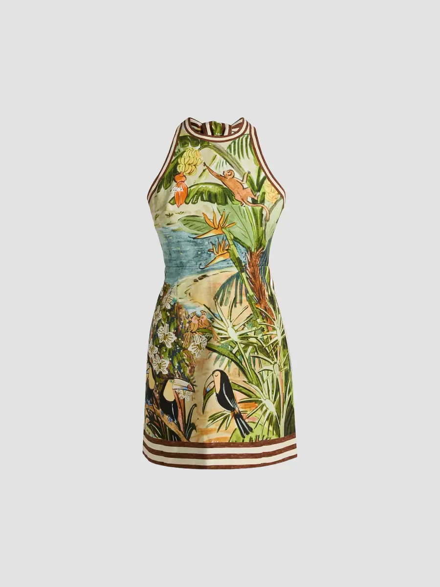 Toucan Tango Tropical Print Halterneck Minidress by ALMAIS