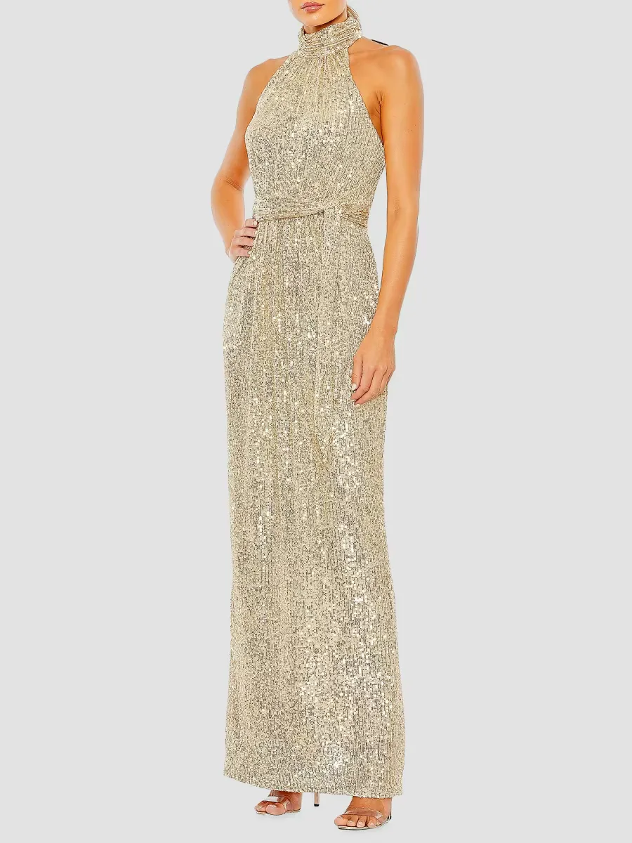 Ieena Sequined Halter Gown by M.A.C.