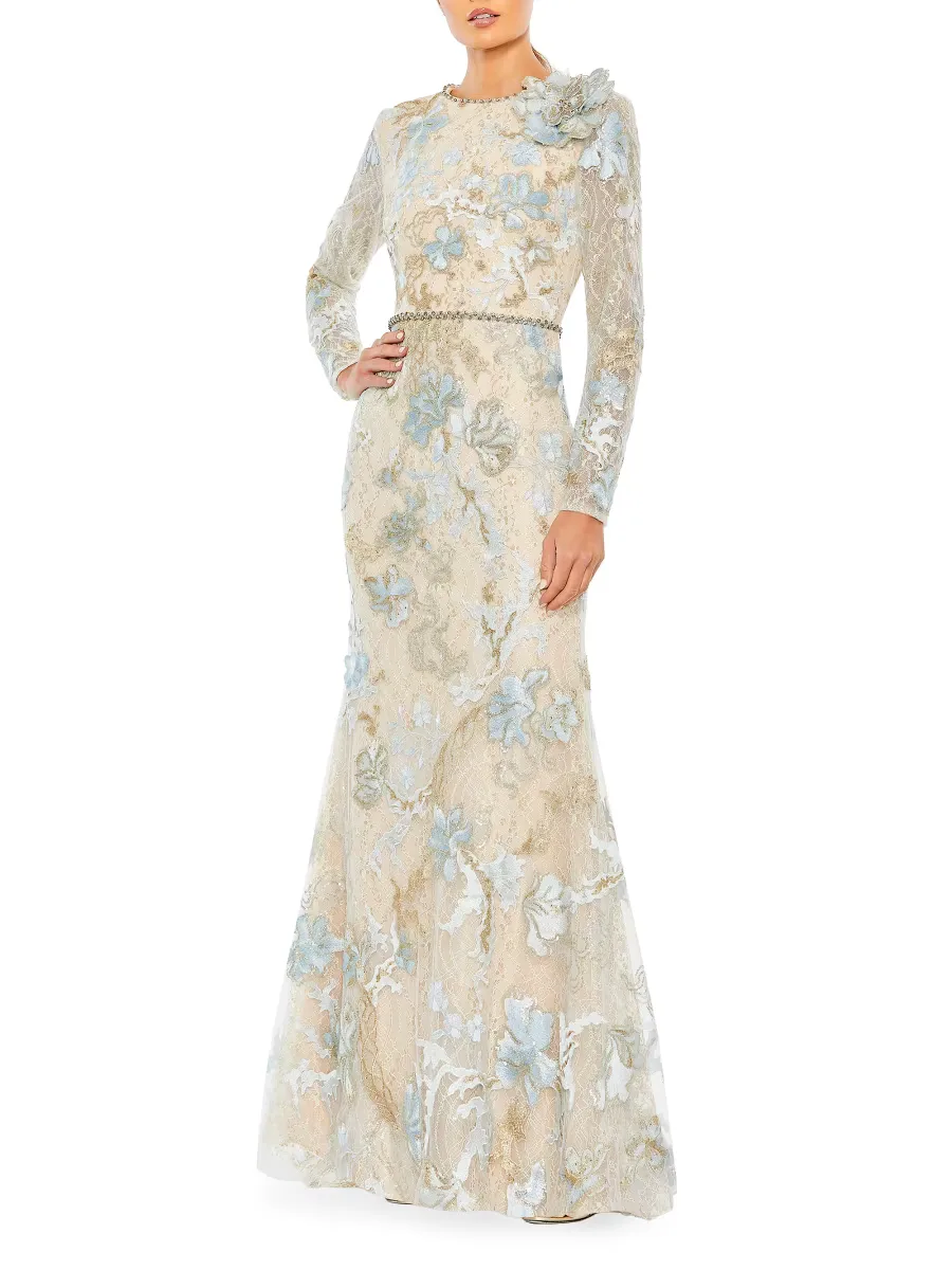Floral Embroidered Lace Trumpet Gown by M.A.C.