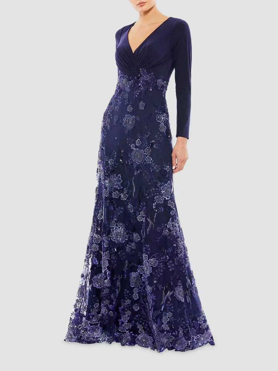 Floral Sequin Long-Sleeve Gown by M.A.C.