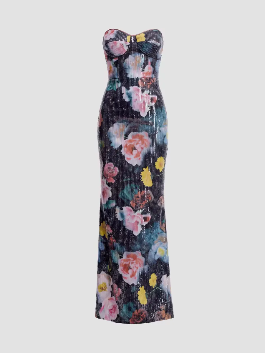 Vada Floral Sequined Strapless Maxi Gown