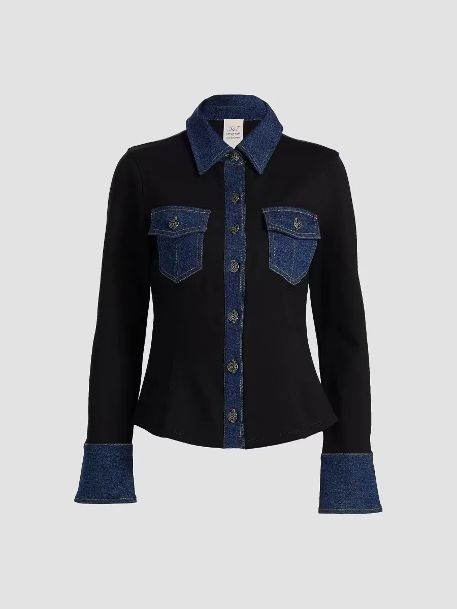Aliza Denim-Trimmed Button-Front Top by Cinq  Sept