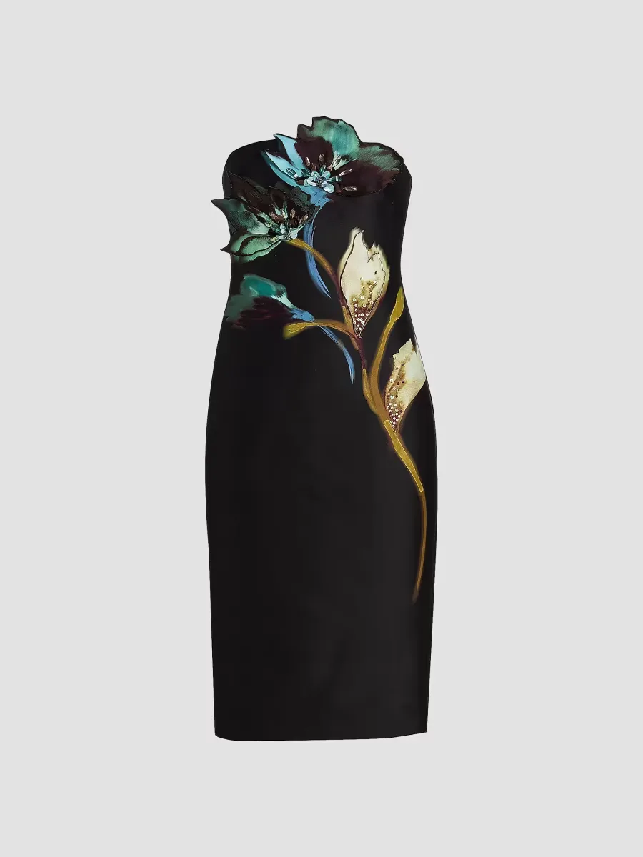 Floral Placement Strapless Midi-Dress by Badgley Mischka
