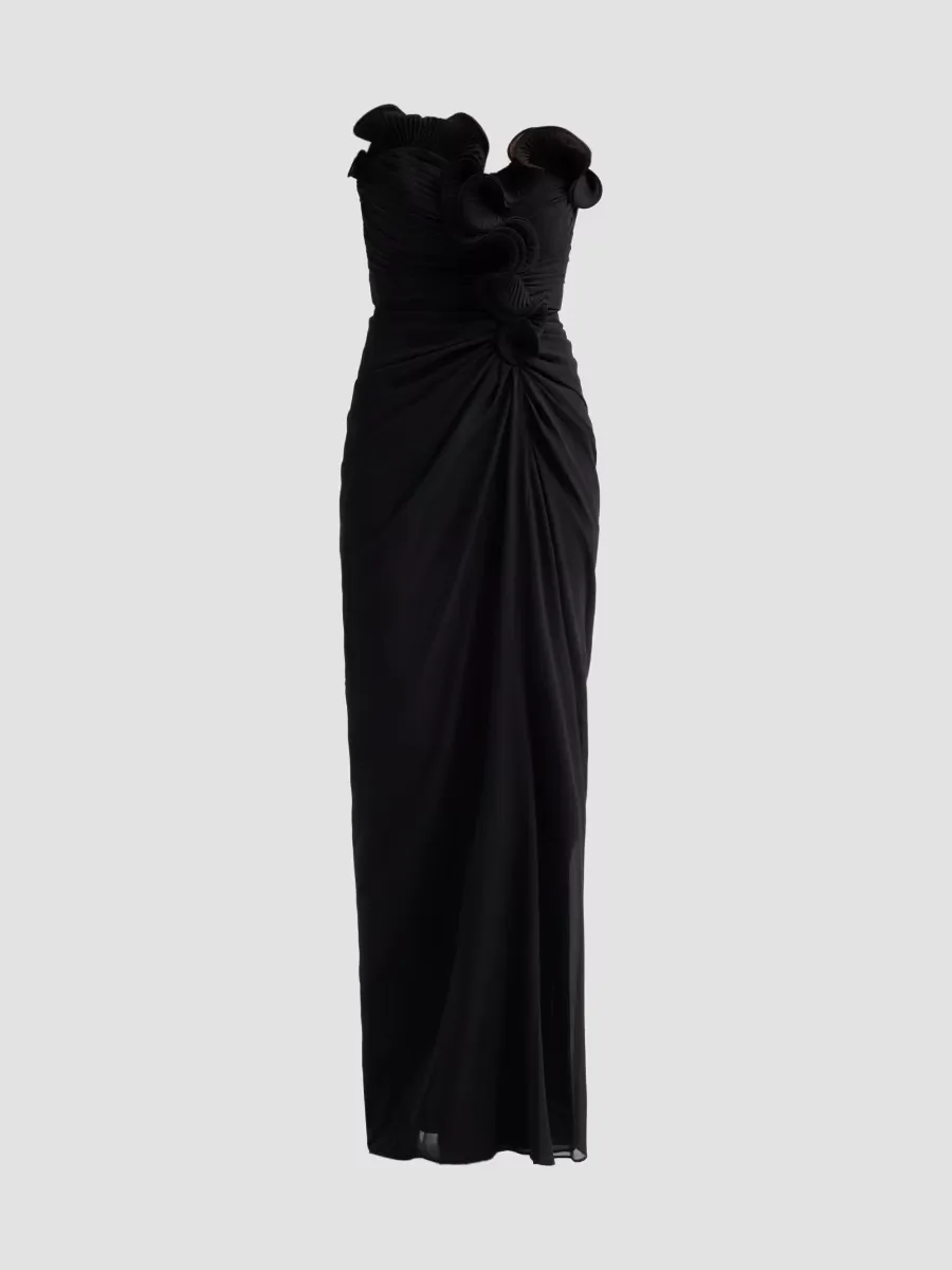 Pleated Ruffle Chiffon Column Gown