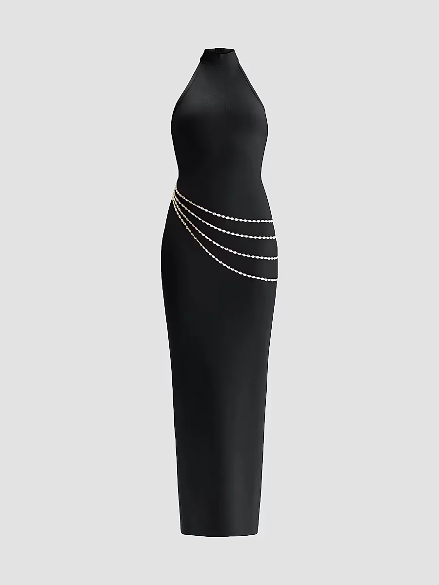 The Sybil Chain-Trim Halter Gown by Herv Lger