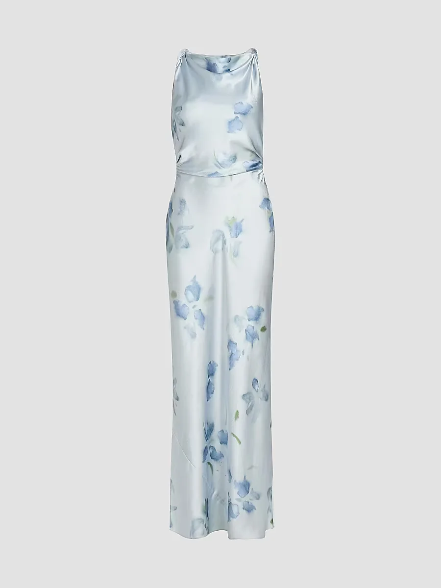 Petal Blur Twist-Shoulder Bias-Cut Maxi Dress