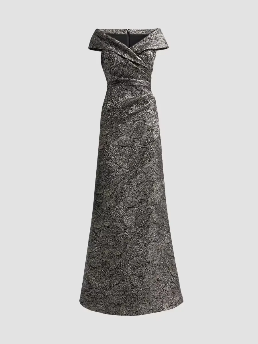 Leaf Pattern Jacquard Off-The-Shoulder Gown by Teri Jon