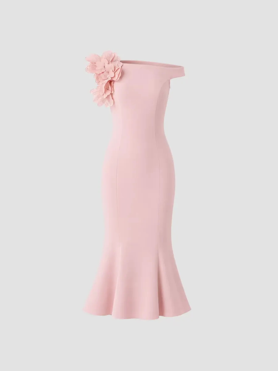 Off-The-Shoulder Trumpet-Hem Crepe Midi Dress by Teri Jon