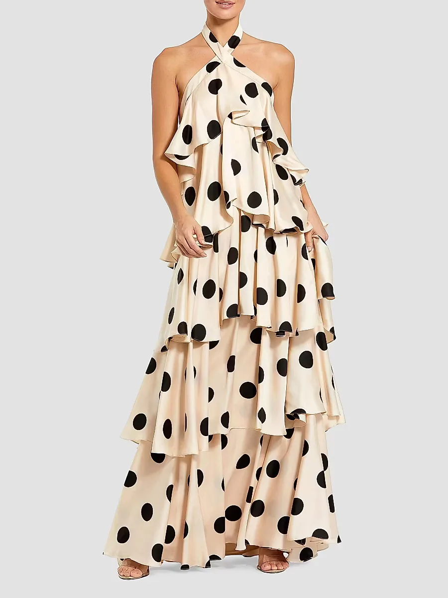 Ieena Polka Dot Charmeuse Halterneck Gown by M.A.C.