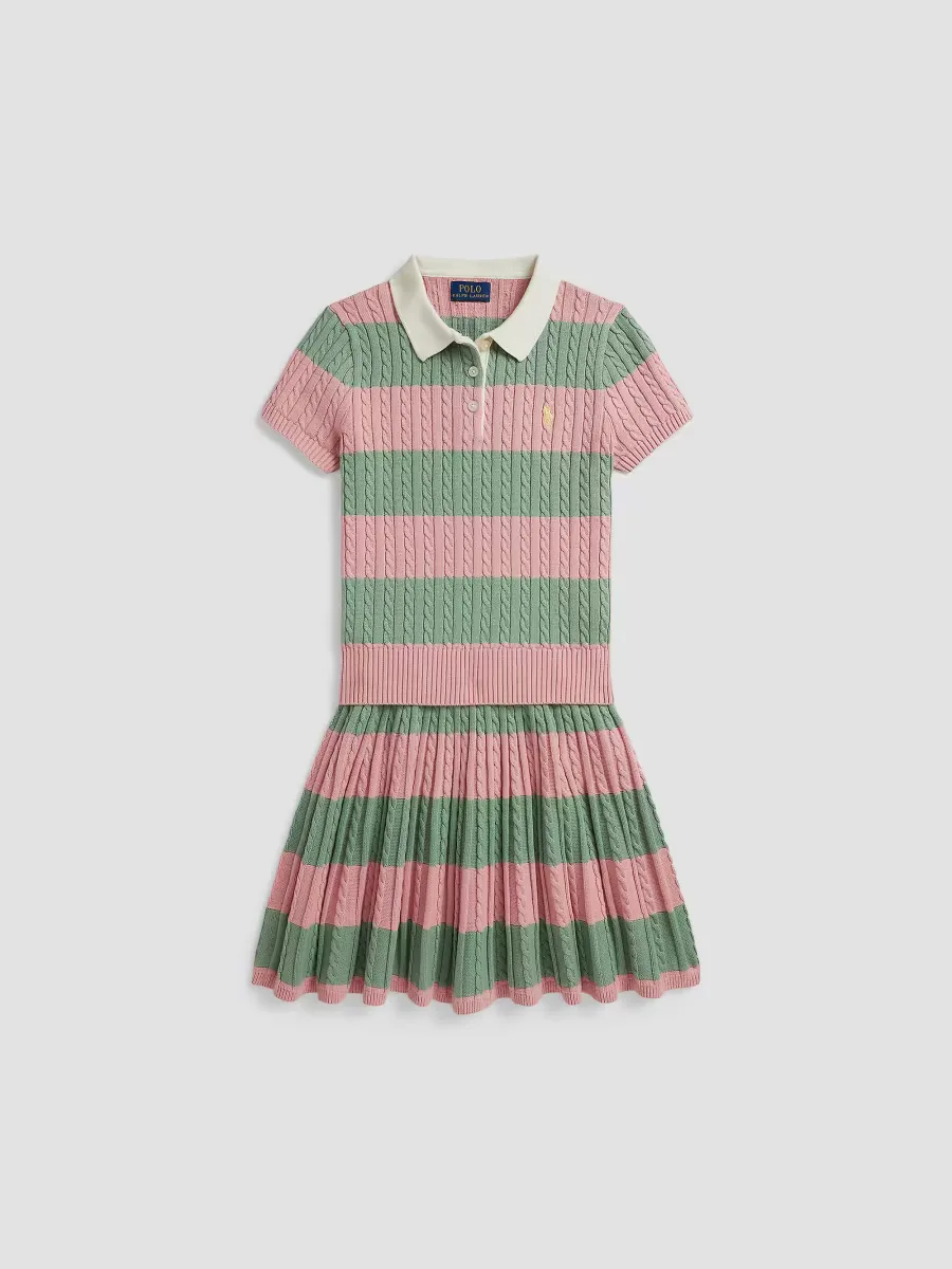 2-Piece Cable-Knit Striped Polo Shirt & Pleated Skirt Set by Ralph Lauren