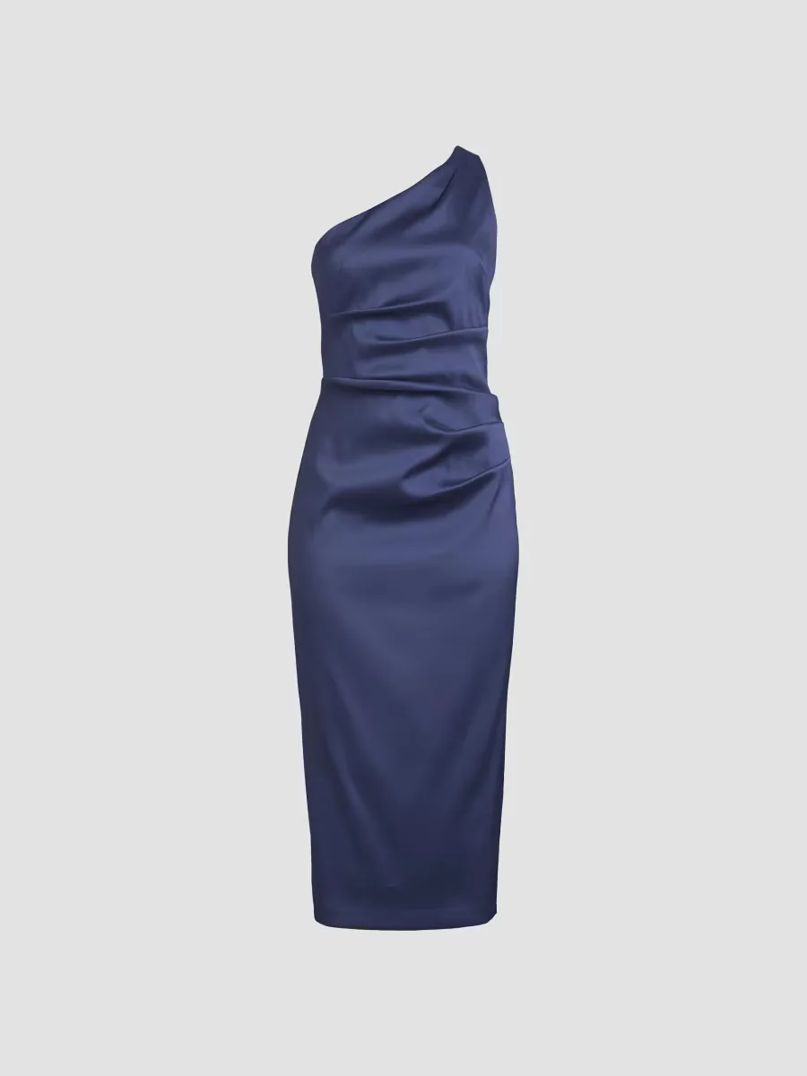 Satin Gathered One-Shoulder Sheath Cocktail Dress