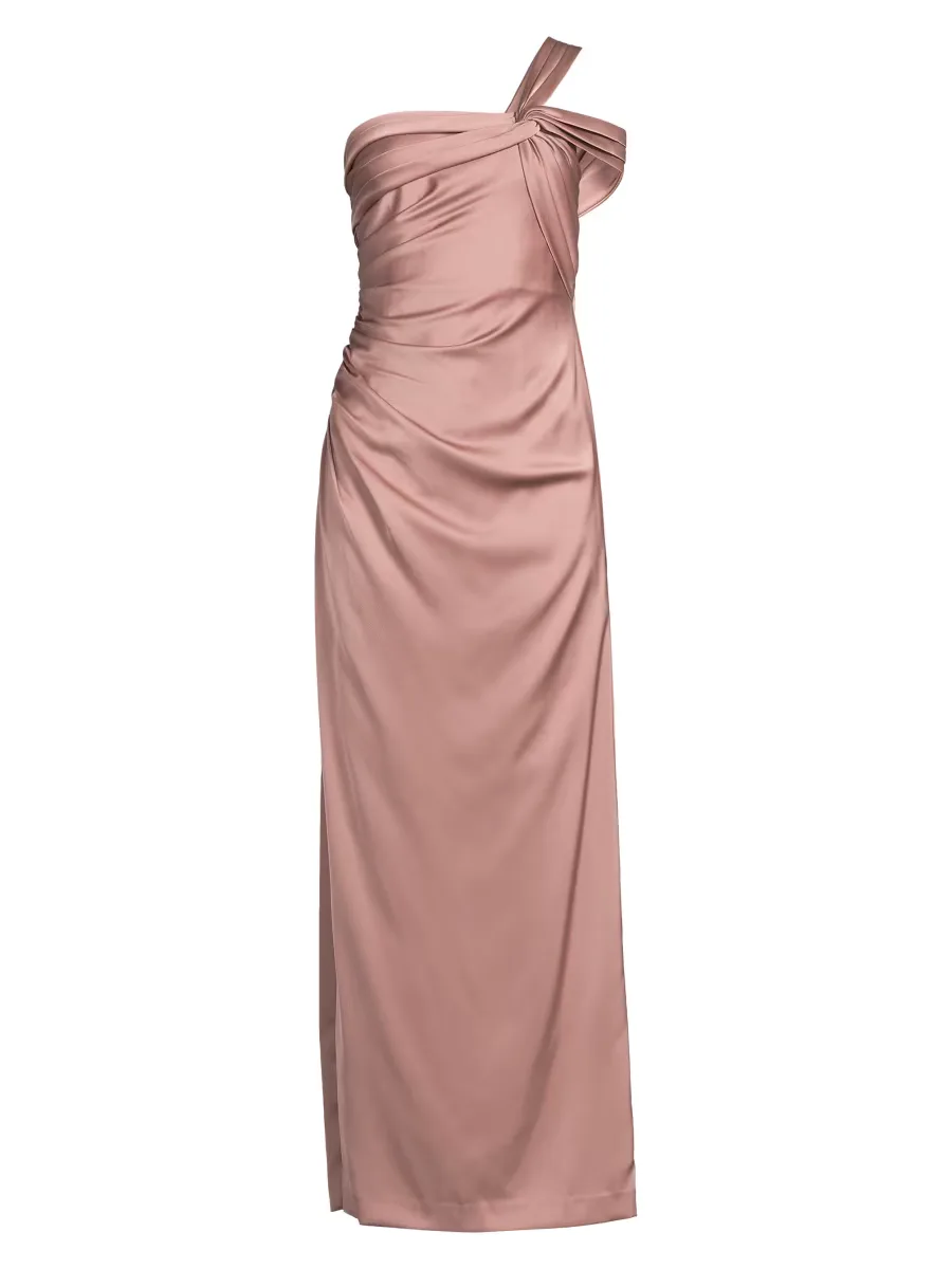 Draped One-Shoulder Satin Column Gown by Aidan Mattox