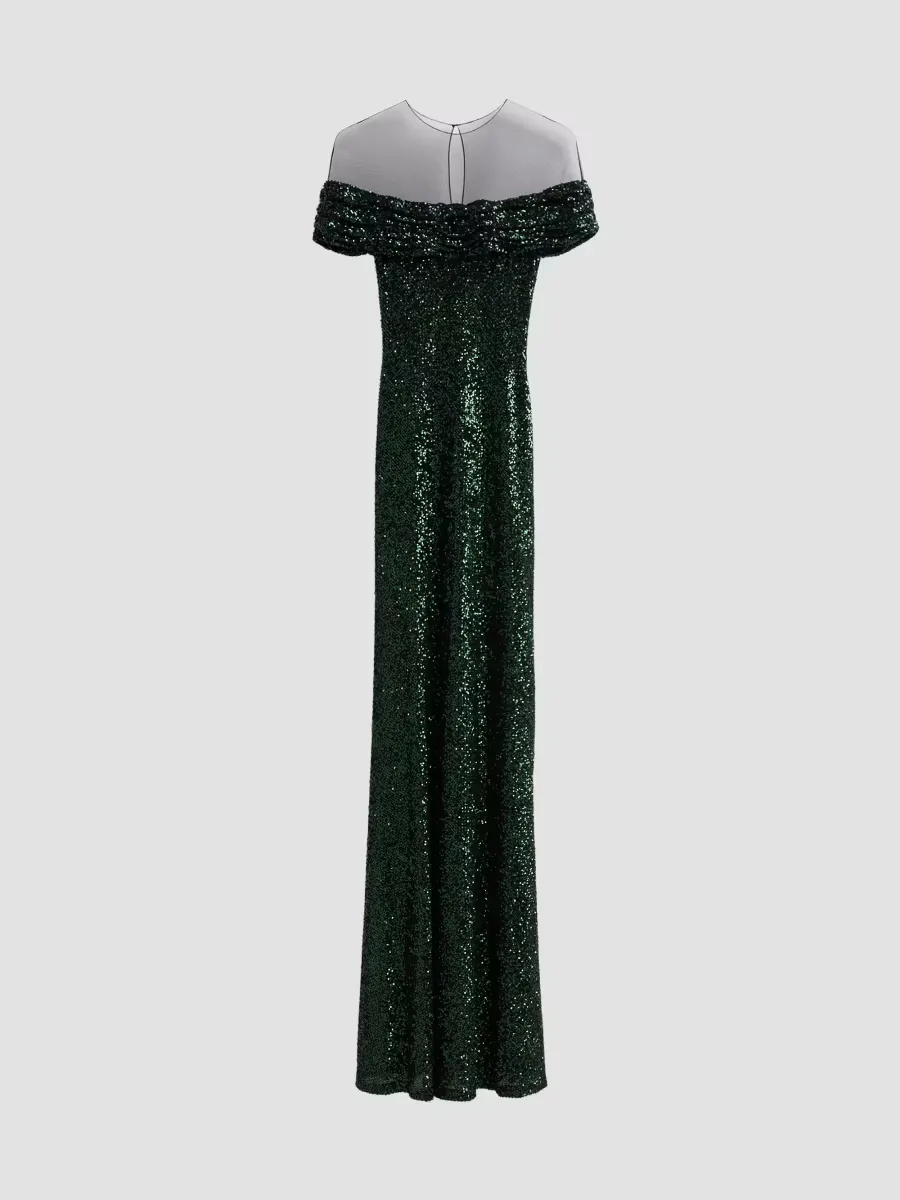 Off-The-Shoulder Illusion Stretch Sequin Gown by Naeem Khan