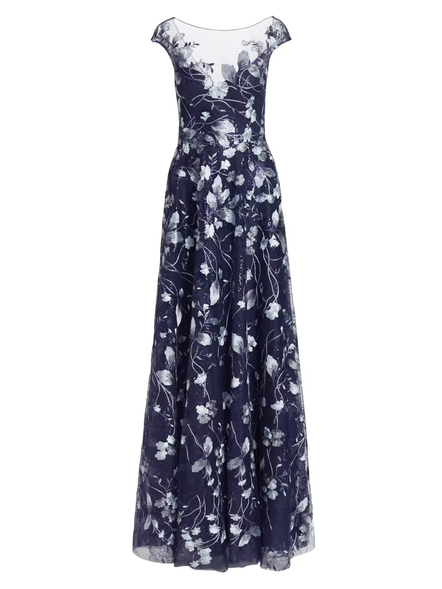 Embroidered Mesh Gown by Teri Jon