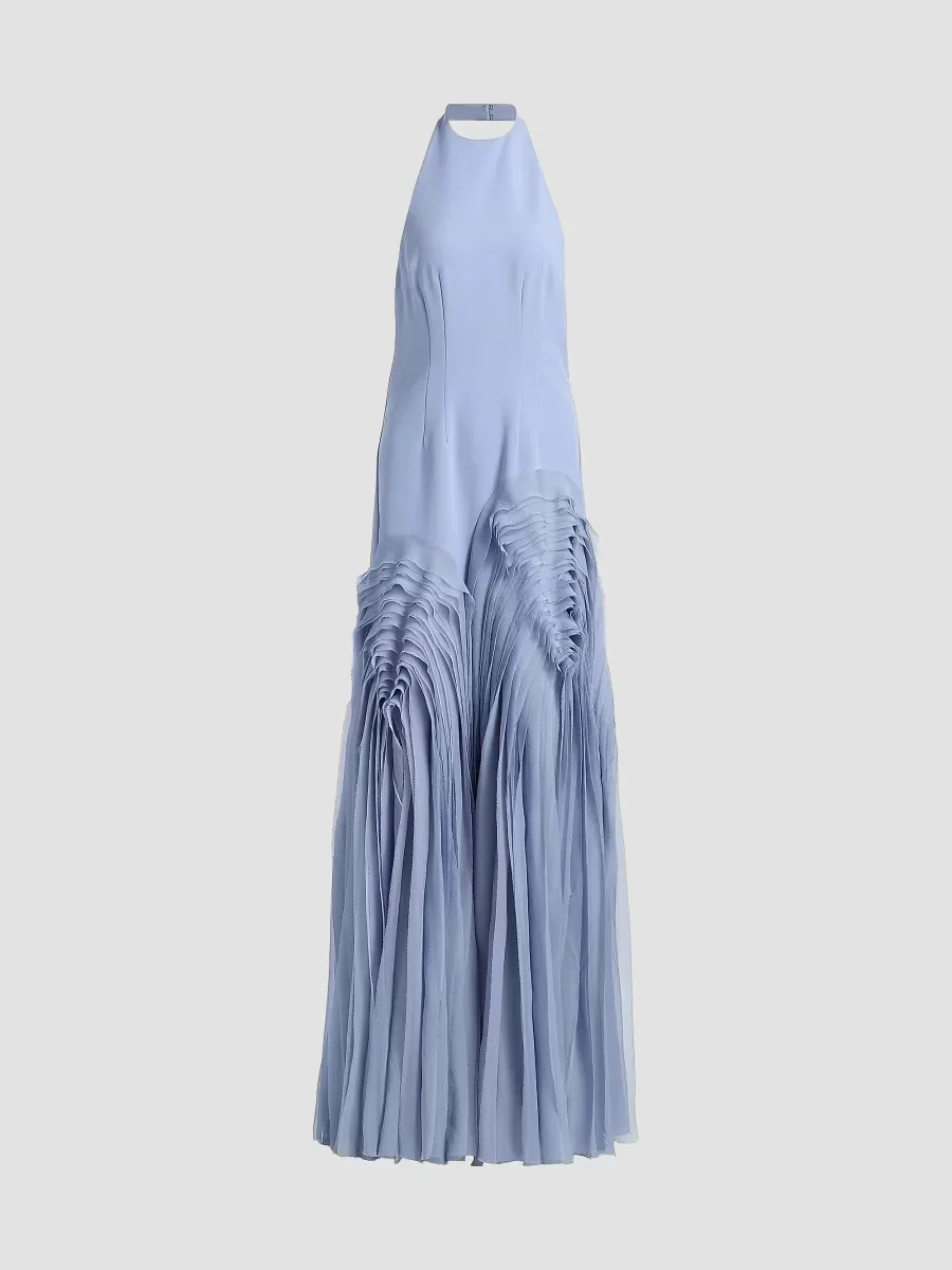 Elani Pleated Halterneck Gown by Amur