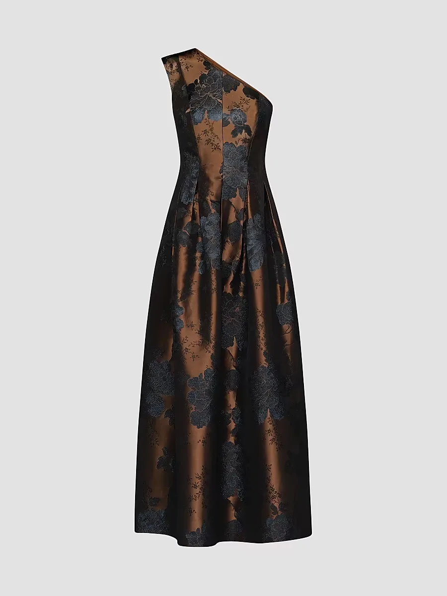 Brynlee Floral Jacquard One-Shoulder Gown