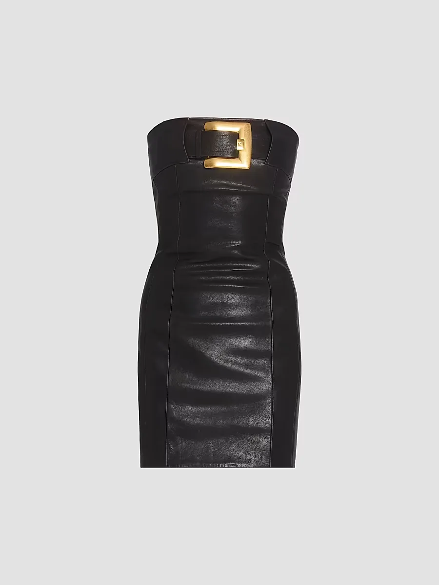 Belt-Detail Leather Sleeveless Minidress by Balmain