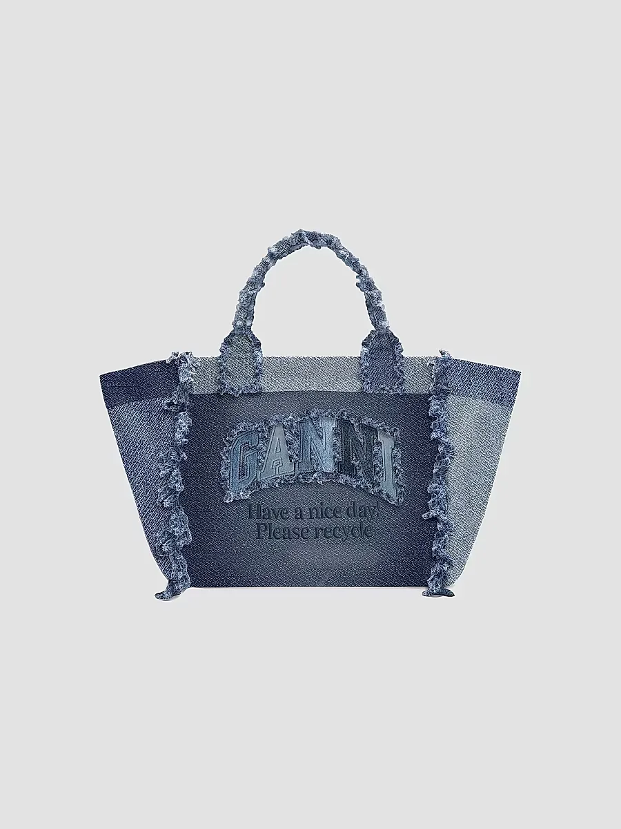 Medium Trapeze Logo Denim Shopper Tote Bag by GANNI