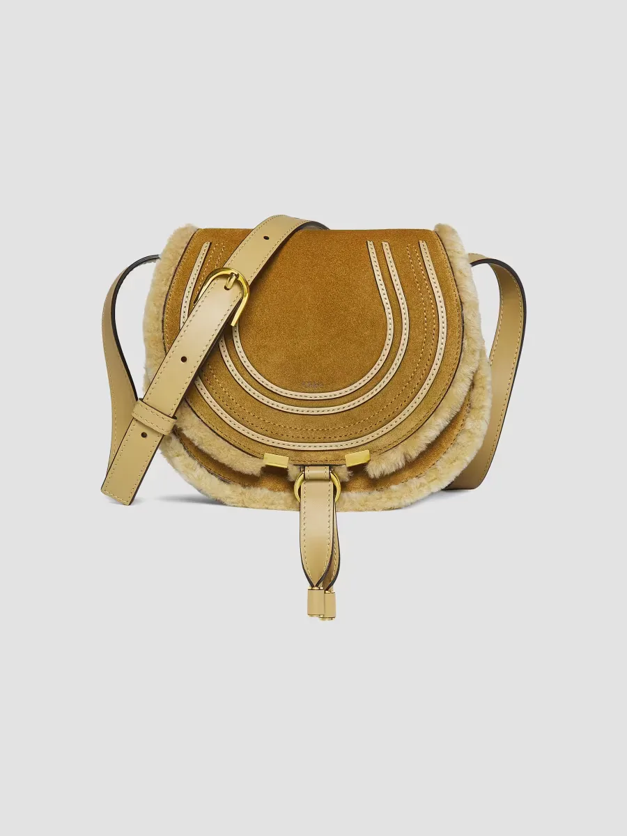 Small Marcie Shearling-Trimmed Suede Saddle Bag by Chloé