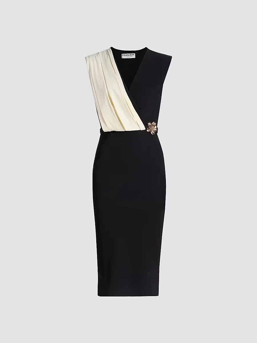 Kalil Flower Brooch Two-Tone Belted Cocktail Dress by Chiara Boni La Petite Robe