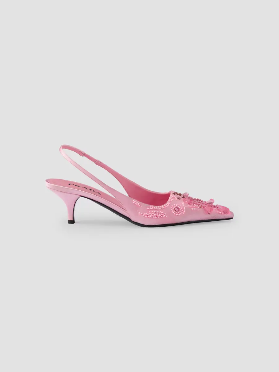 Embroidered Satin Slingback Pumps by Prada