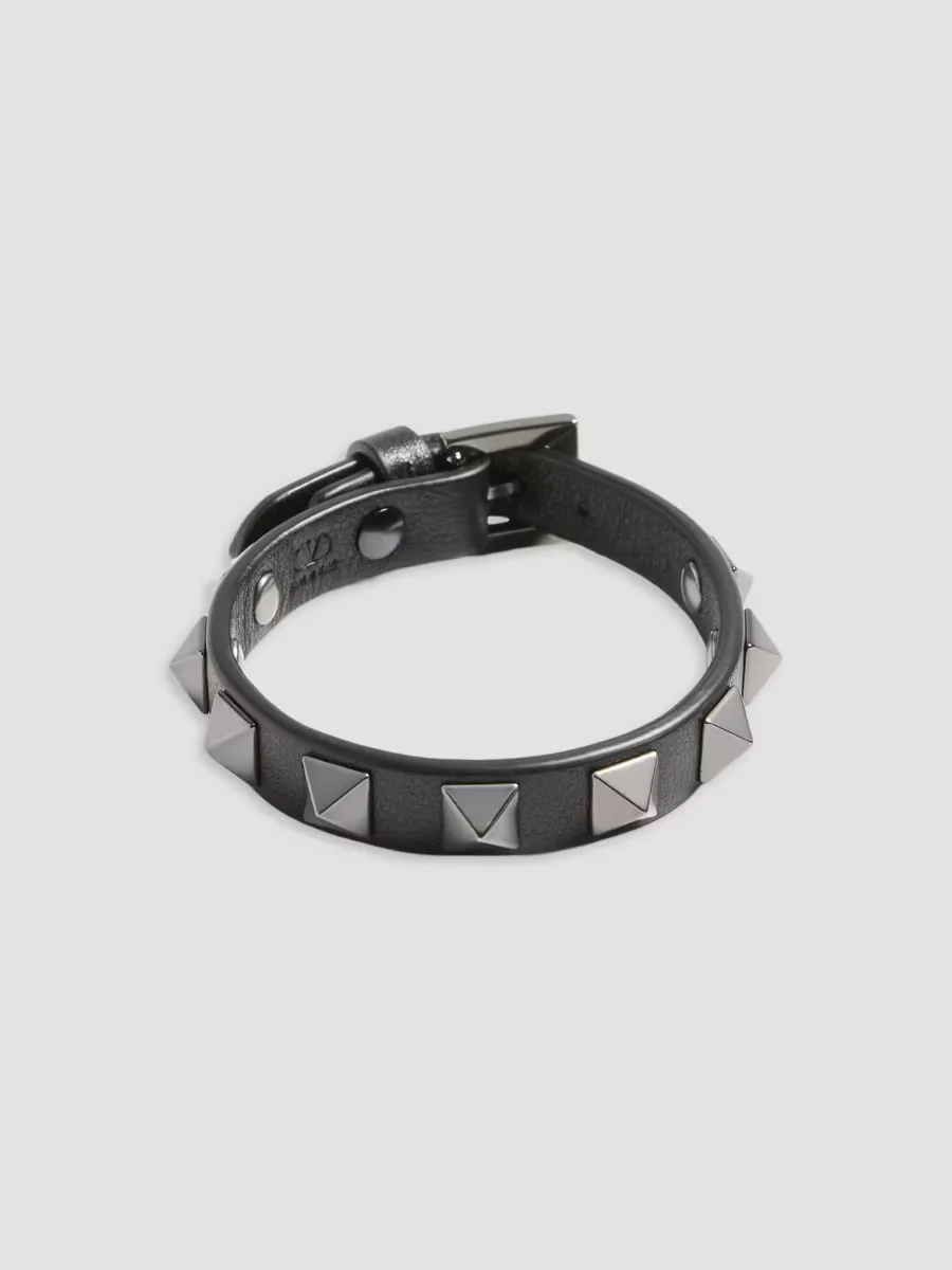Rockstud Leather Bracelet with Ruthenium Studs by Valentino
