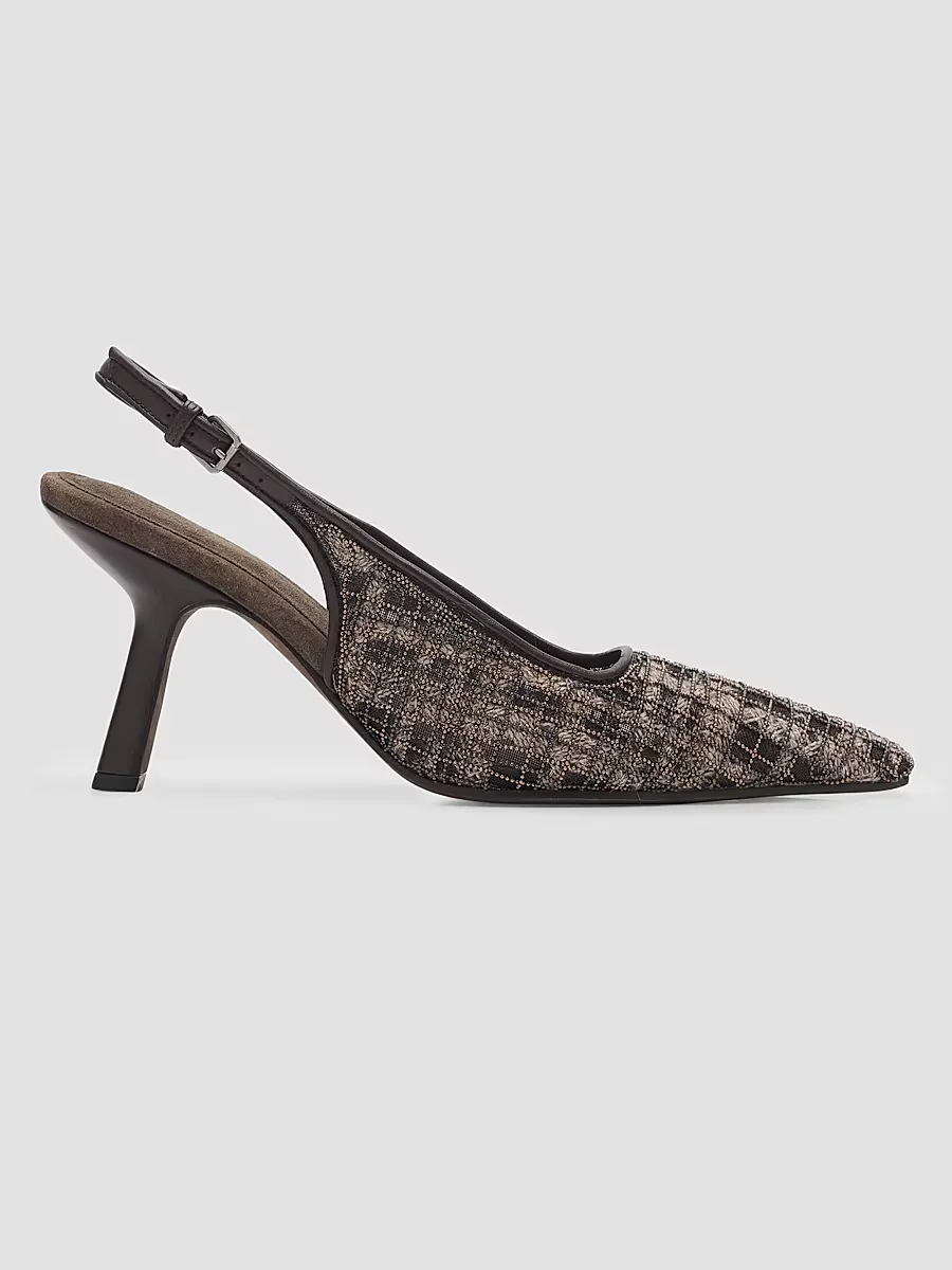 Monili-Embroidered Check Slingback Pumps