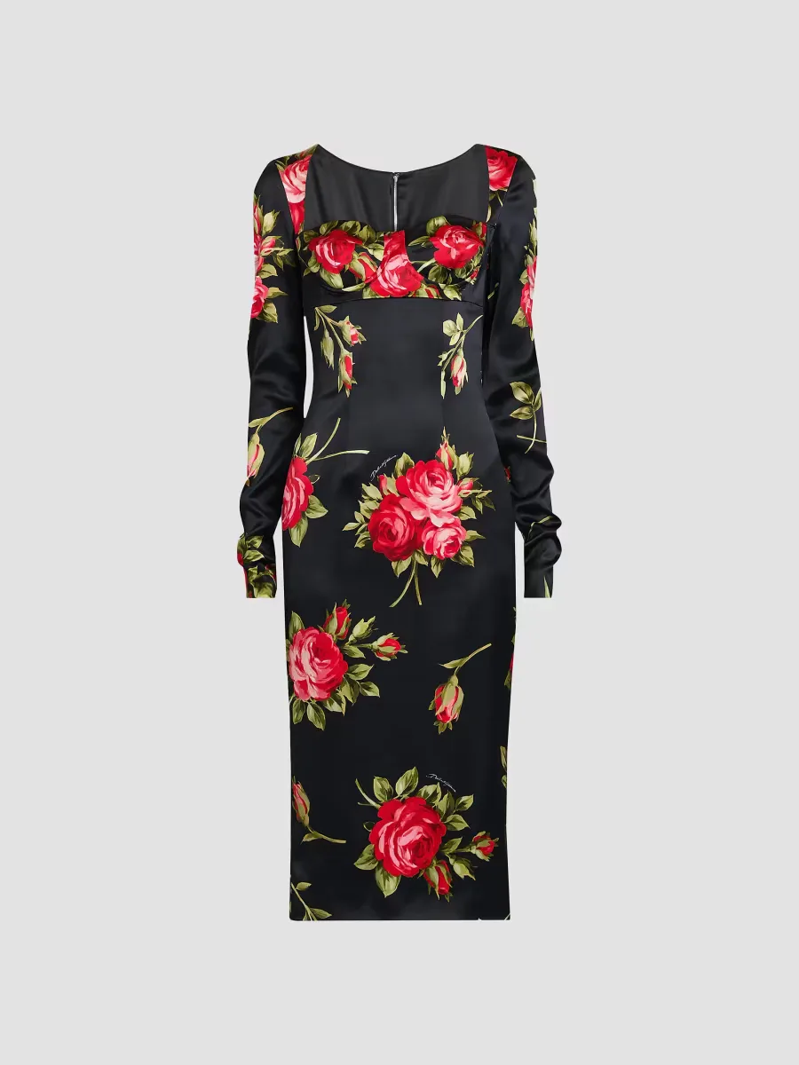 Floral Satin Long-Sleeve Cocktail Dress by Dolce & Gabbana