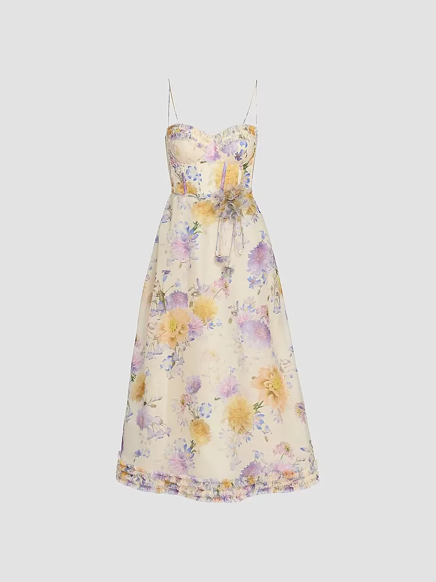 Kindred Spirit Luna Floral Linen-Silk Ruffle Midi-Dress by Zimmermann