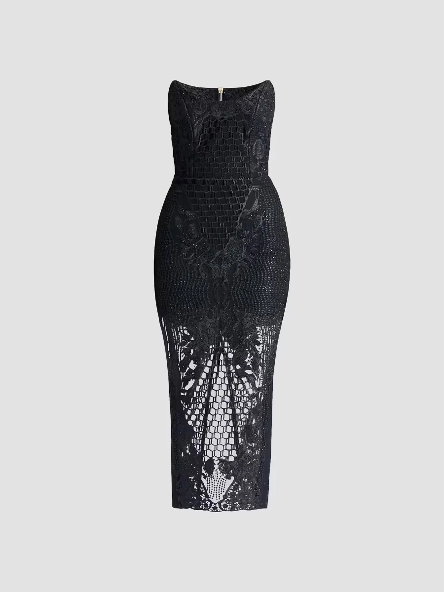 Imprint Lace Strapless Midi-Dress by Zhivago