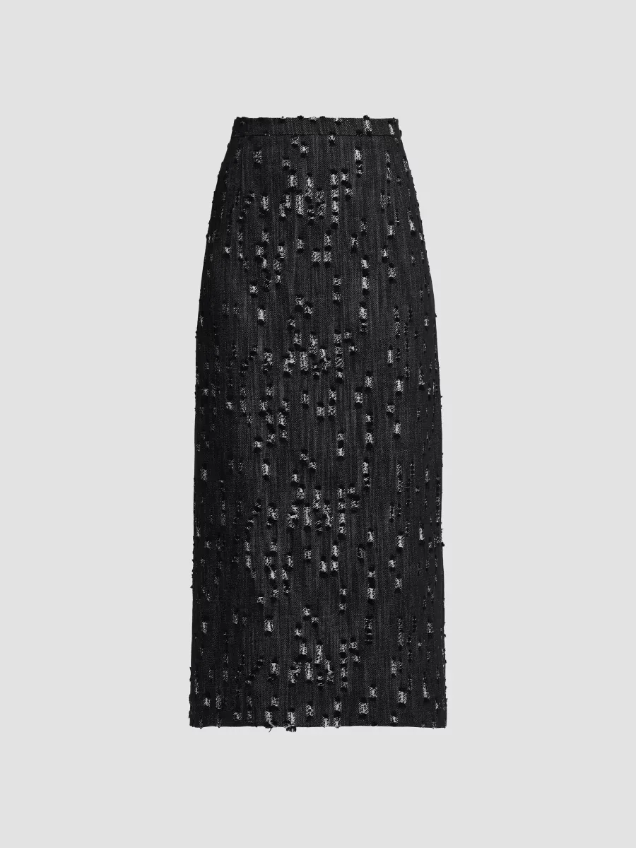 Frayed Denim Pencil Midi-Skirt