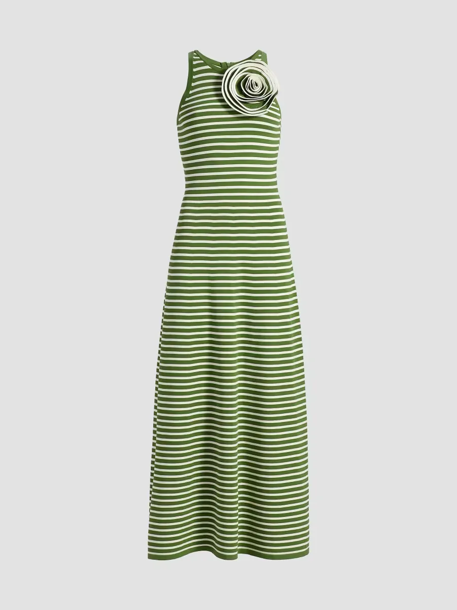 Rosette Striped Sleeveless Maxi Dress by Lela Rose