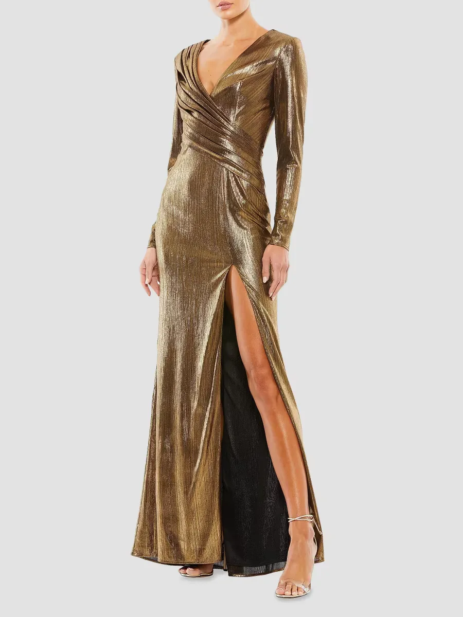 Mac Duggal Metallic Long-Sleeve Asymmetrical Ruched Gown by M.A.C.