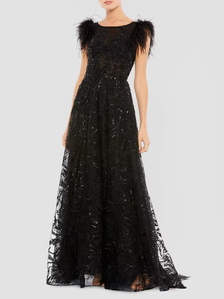 Mac Duggal Feathered A-Line Gown by M.A.C.