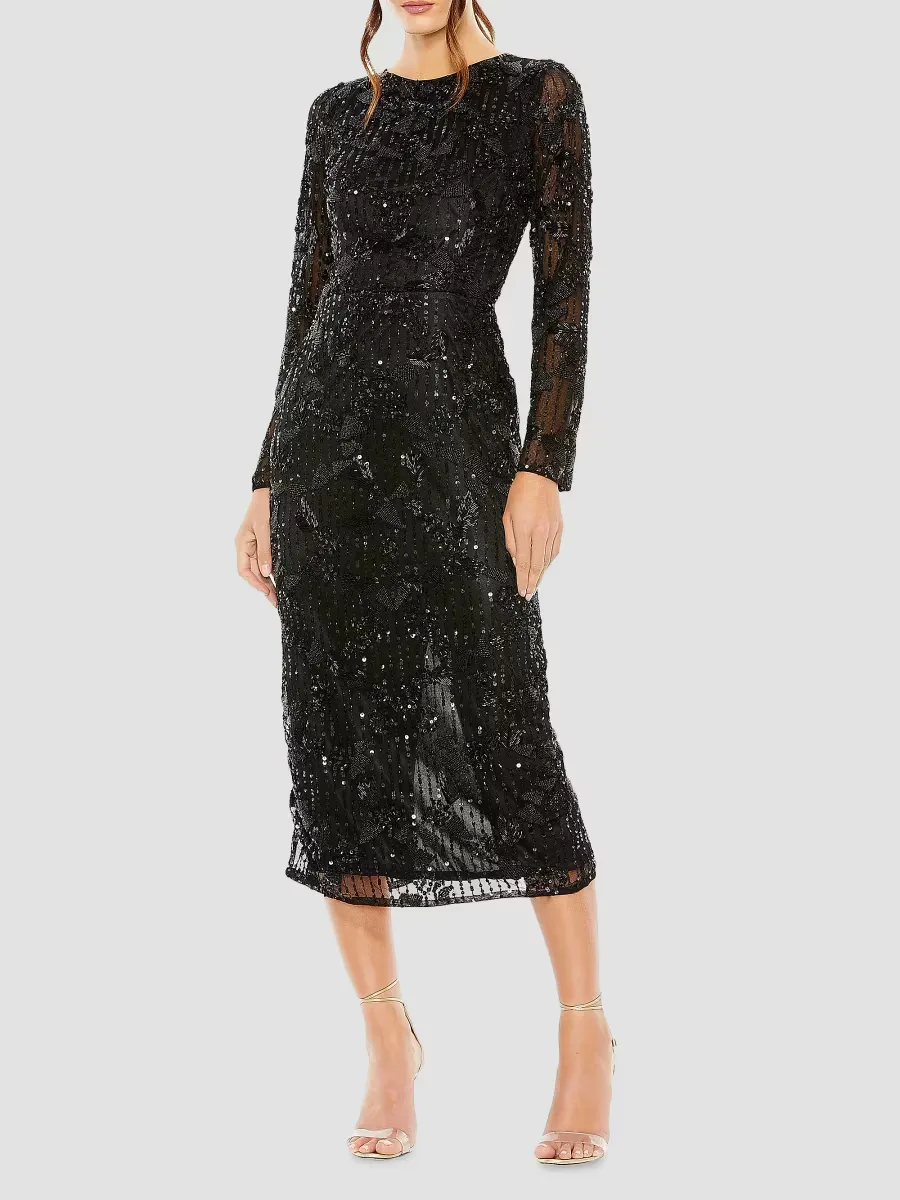 Mac Duggal Beaded Long-Sleeve Midi-Dress