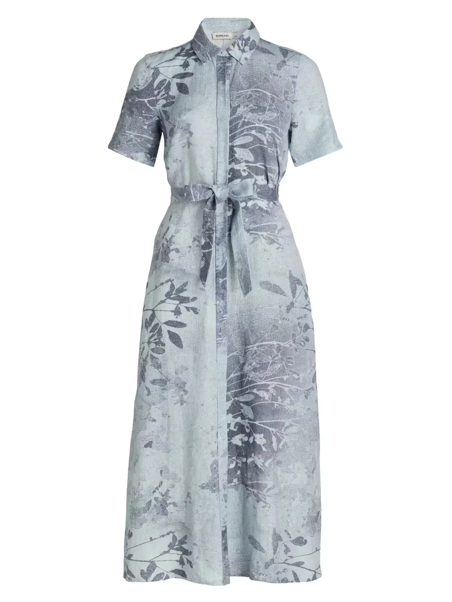 Audria Floral Linen-Blend Belted Midi-Dress by SIMKHAI
