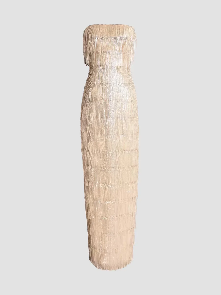 Tanya Sequin Fringed Strapless Gown by Dress the Population