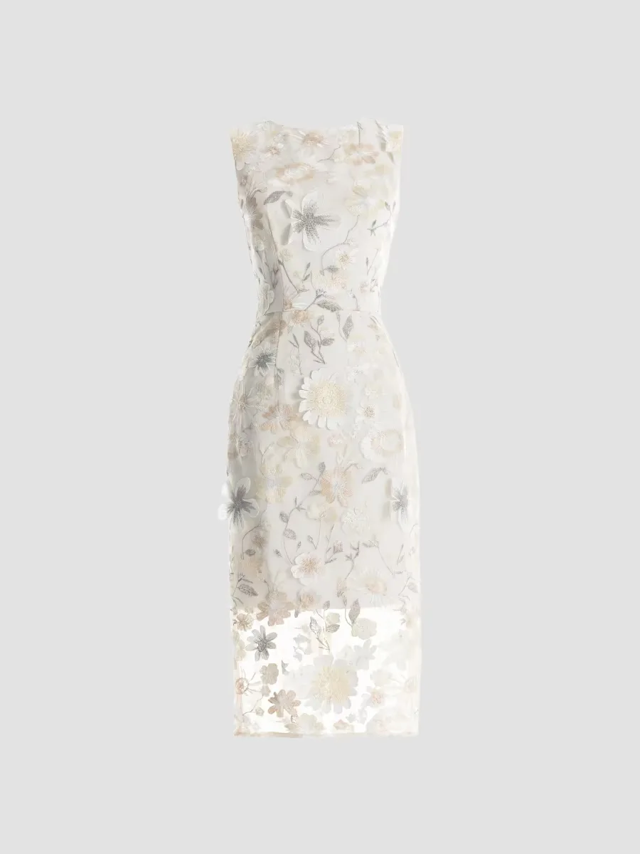 Claudette Floral Embroidered Body-Con Midi-Dress