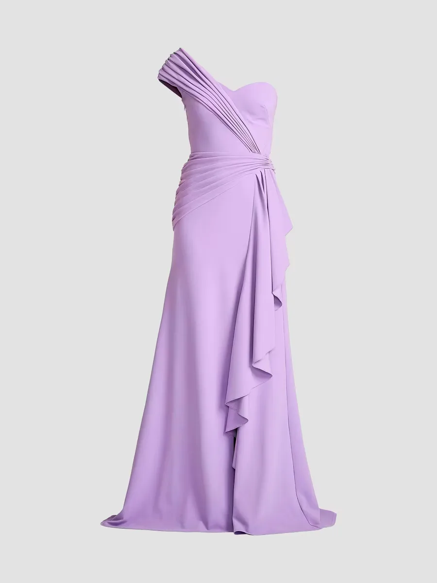 Pleated Ruffled One-Shoulder Gown