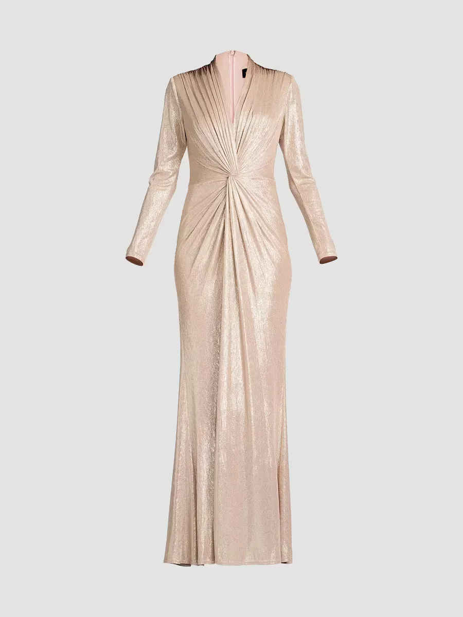Metallic Jersey Long-Sleeve Gown