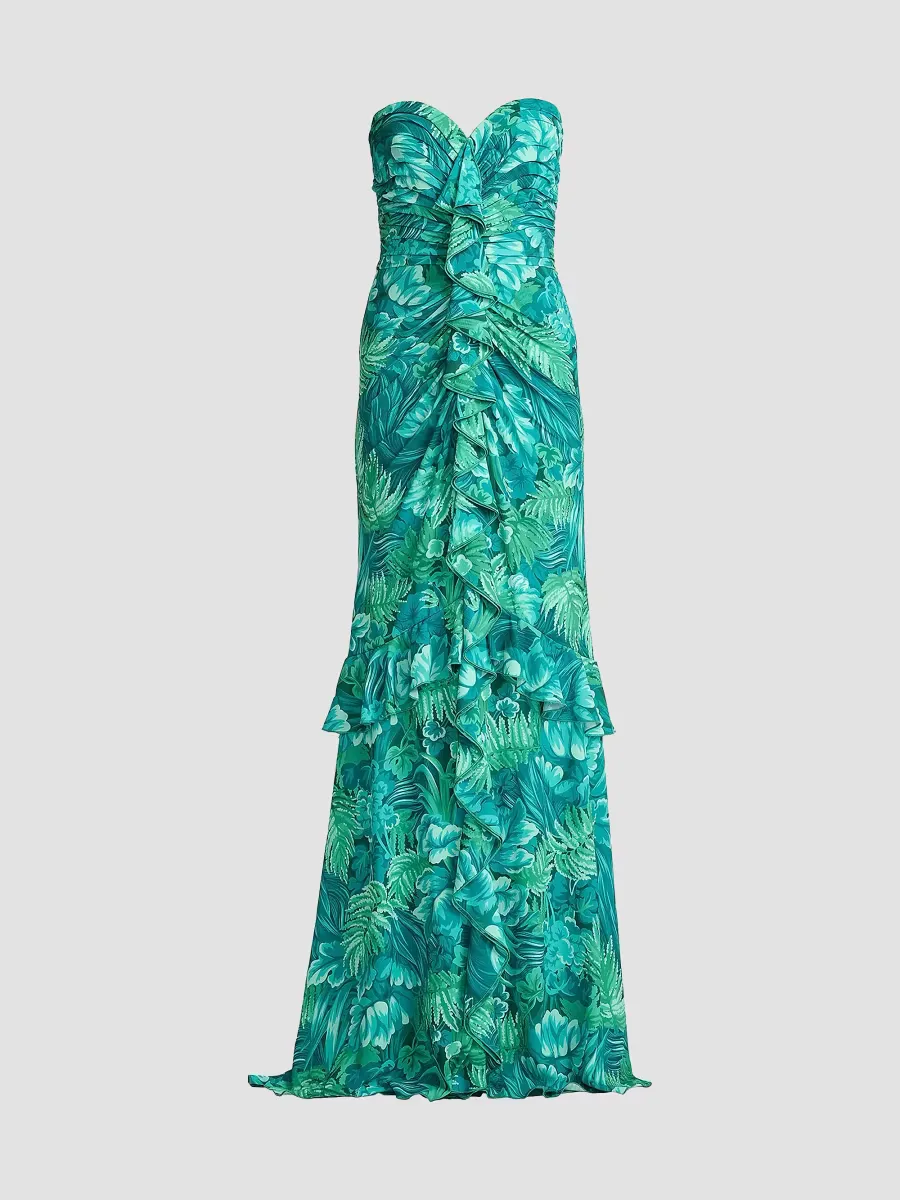 Tropical Print Ruffled Strapless Gown by Tadashi
