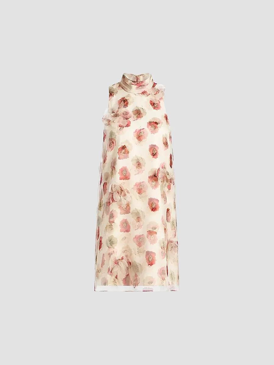 Sylvia Floating Poppies Appliqu Silk Minidress by Cinq  Sept