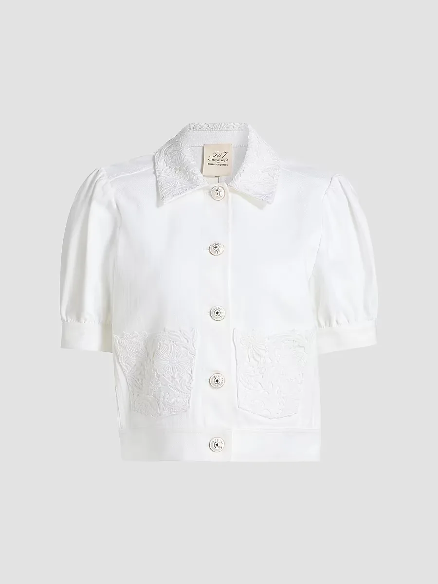 Ivana Denim Lace Trim Short-Sleeve Jacket by Cinq  Sept