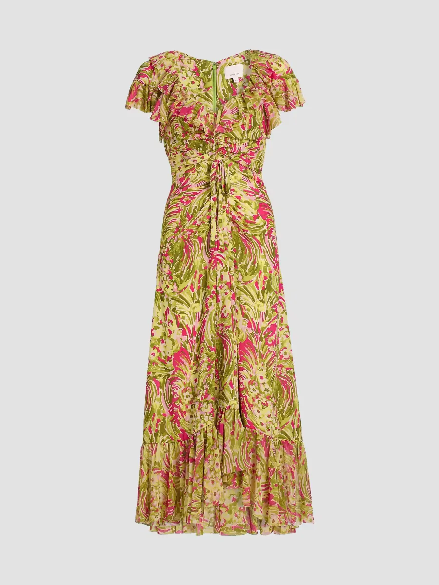 Daisy Swirl Ivey Printed Ruffled V-Neck Midi-Dress