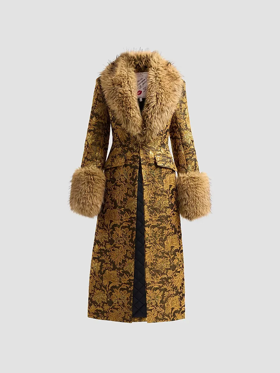 Ivella Faux Fur-Trimmed Floral Jacquard Long Coat by Cinq  Sept