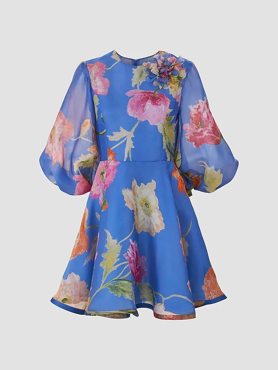 Floral Silk Puff-Sleeve Minidress
