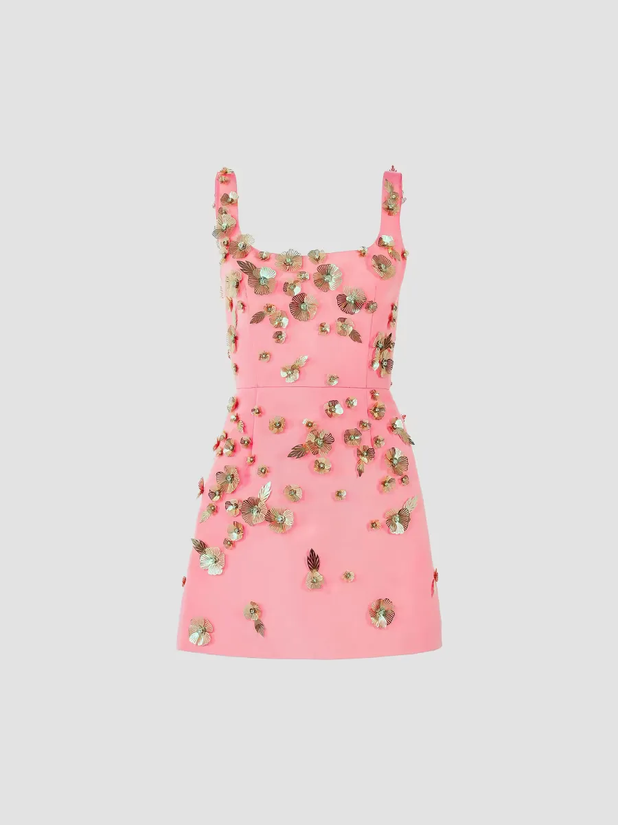 Floral Embellished Thin-Strap Silk Minidress
