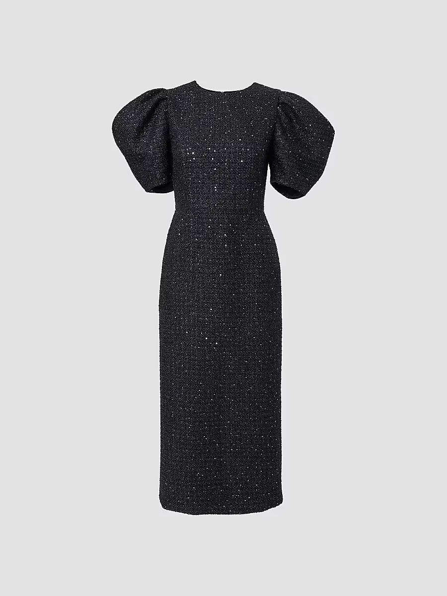 Sequined Tweed Puff-Sleeve Cocktail Dress by Carolina Herrera